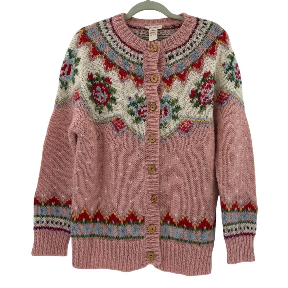 Sundance Irish Rose Fair Isle Cardigan Sweater Pink Wool Blend Floral Medium